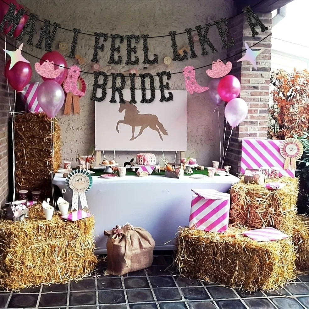 "Man I Feel Like A Bride" Black Glitter Banner, Western Cowgirl Bachelorette Garland with Pink Cowboy Boots & Hats view 5