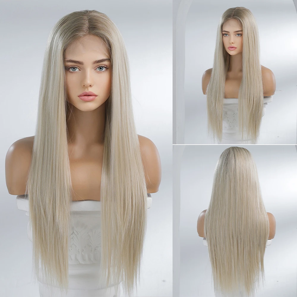 Long Blonde Lace Frontal Simulation of Human Hair Straight Bob Cosplay Daily Parted Hair Wigs