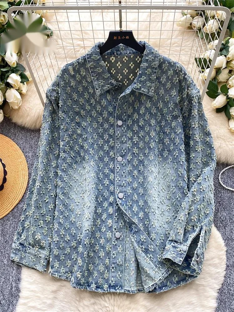 

Classic Texture Floral Denim Coat Lapel Long Sleeves Trendy Street Shirt Female Fashion Boyfriends Casual Baggy Tops