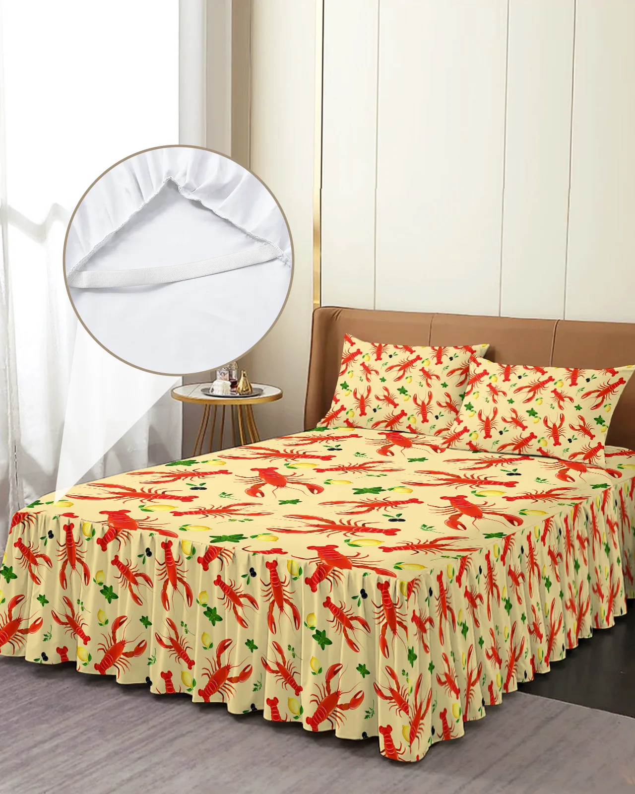 Sea Life Lobster Retro Fruit Lemon Bed Skirt Elastic Fitted Bedspread With Pillowcases Mattress Cover Bedding Set Bed Sheet