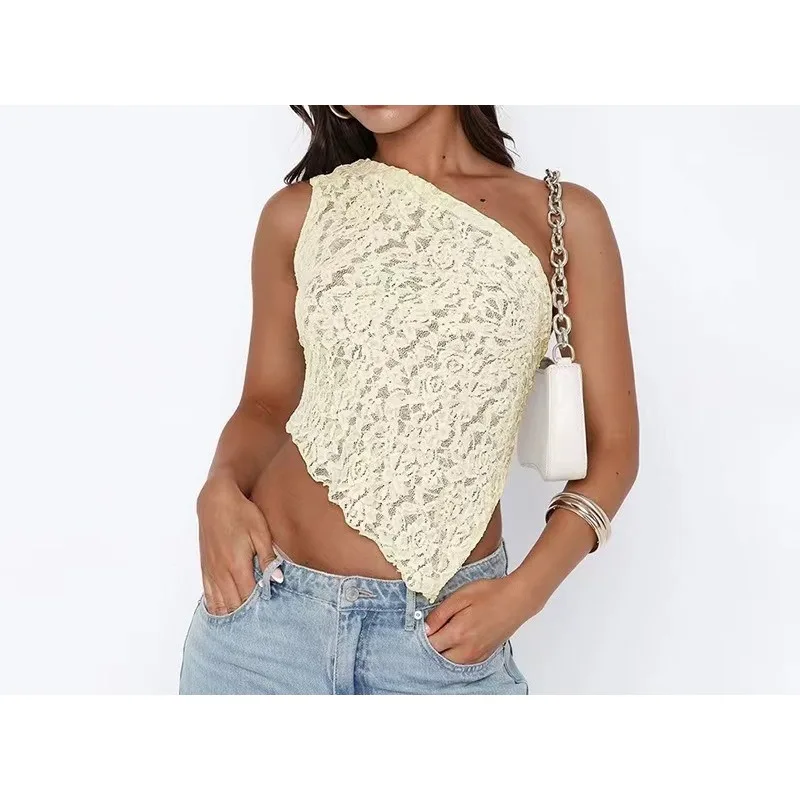 

2026 Summer Women's Clothing Solid Color Waist Asymmetrical Diagonal Collar Top Wholesale