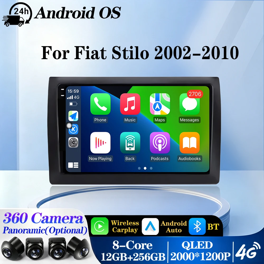 Android 16 QLED 2000*1200P For Fiat Stilo 2002-2010 GPS Navigation Multimedia Player Auto Wireless CarPlay WIFI 4G RDS DSP