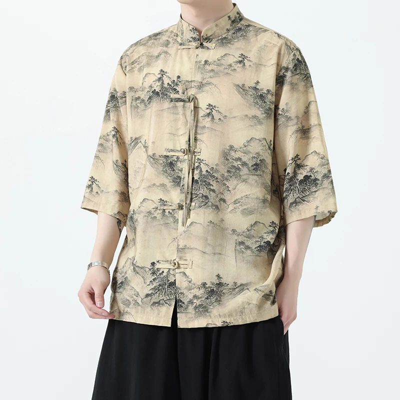 

2025 Summer Men's Chinese Style Short Sleeve Shirt Casual Bamboo Print Tang Suit Inspired Casual Top with Mandarin Collar M-5XL