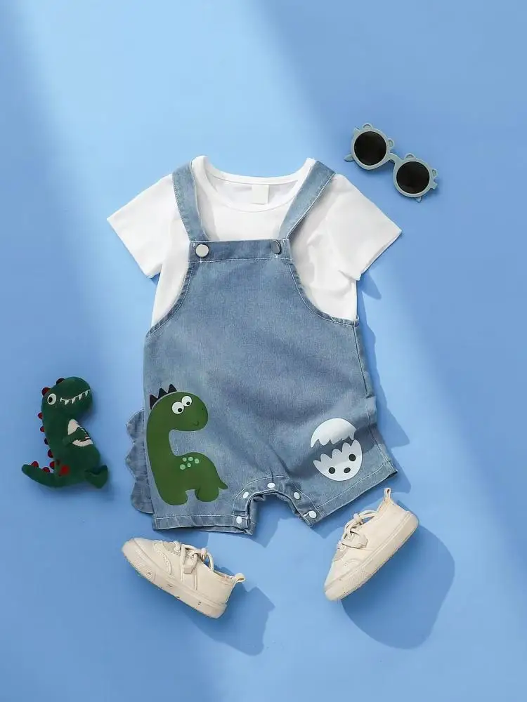 

2 Pcs Children Suit Summer Solid Color Round Neck Short Sleeved Top And Cartoon Dinosaur Pattern Back Strap Jumpsuit Casual Set