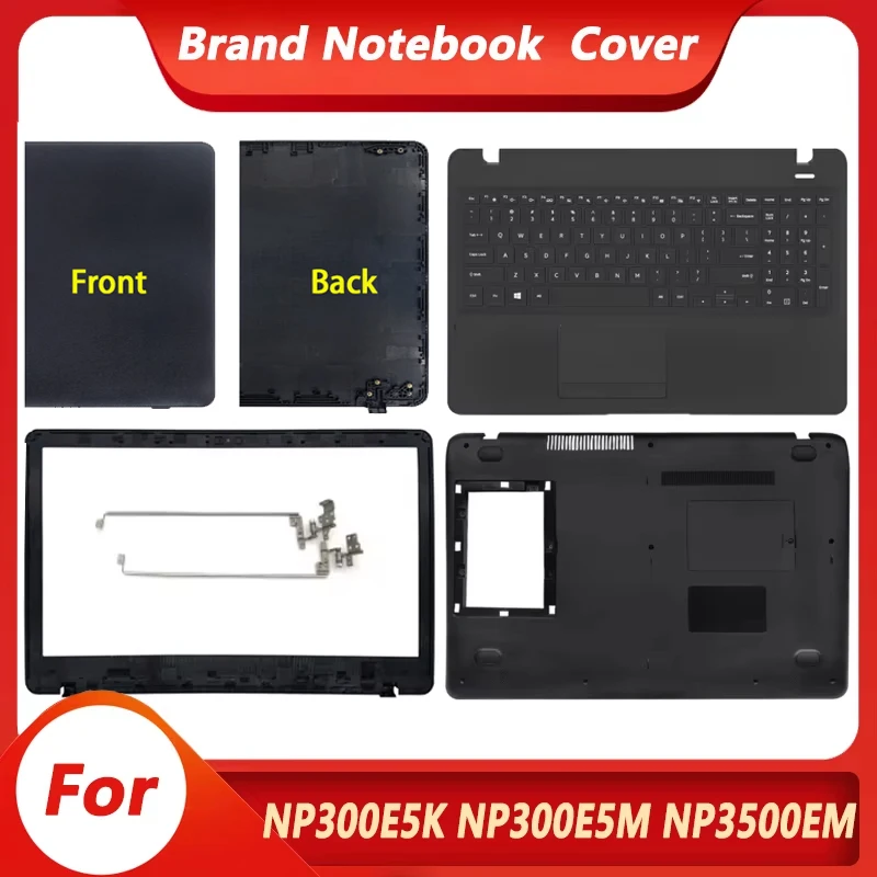 Novo para np300e5k np300e5m np3500em np300e5l lcd capa traseira moldura frontal dobradiças apoio para as mãos superior caso base inferior capa preta