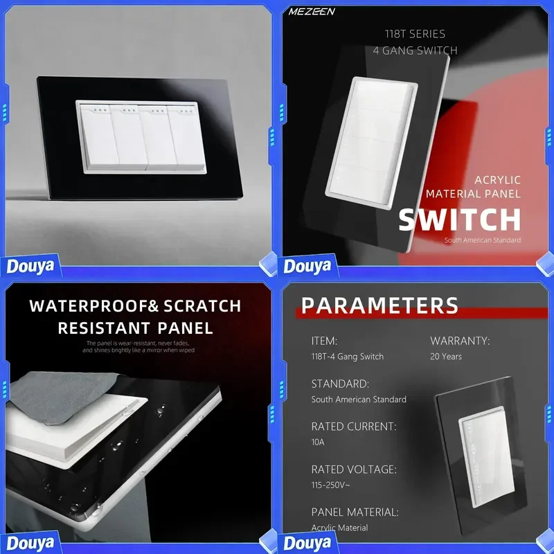 Modern Elegant 4-Gang Switch Acrylic Plate US Standard Electric Power Push Wall Light Switches Max Current 10A
