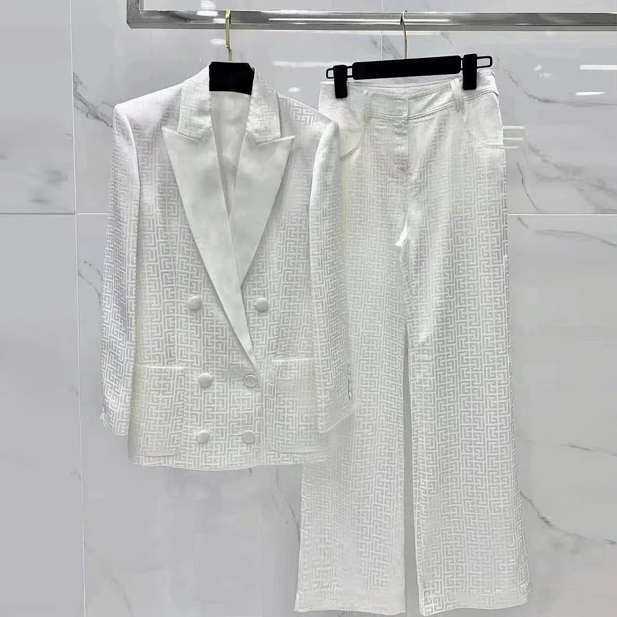 Spring Autumn OL White Suits Fashion Women's High Quality Blazers Jackets + Wide-leg Pants Two Piece Set C212