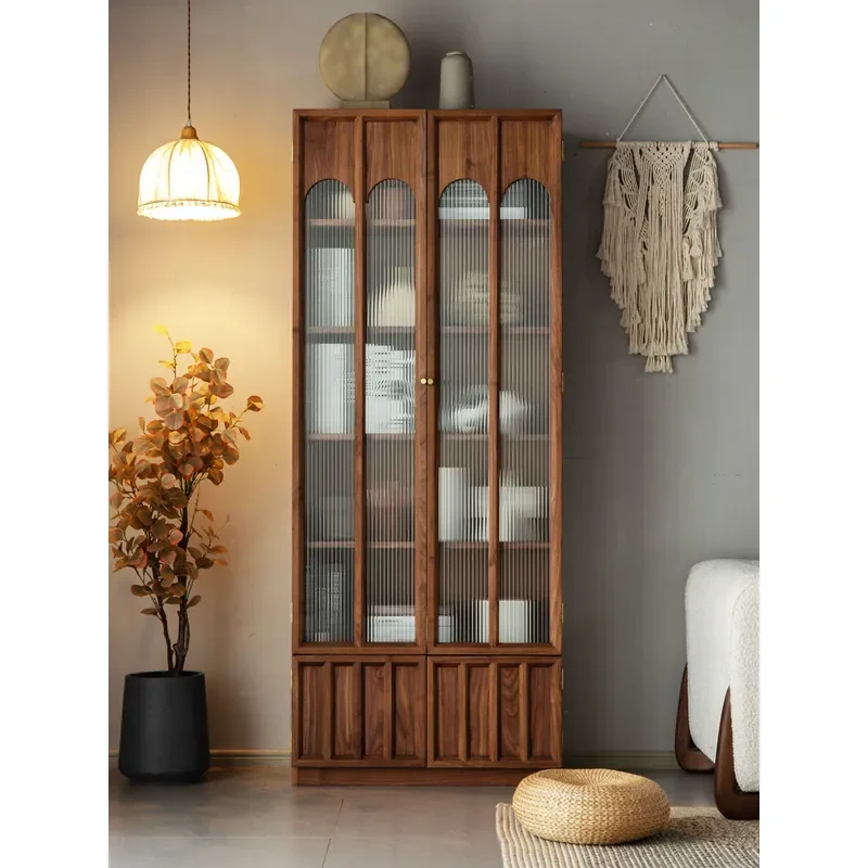 North American Black Walnut Solid Wood Bookcase Retro Simple Modern Bookshelf Japanese Study Glass Display Cabinet Storage