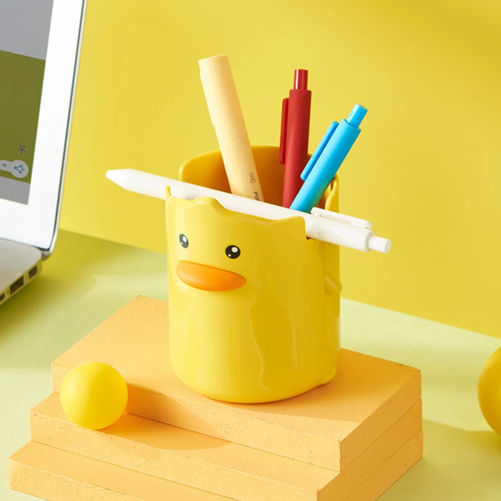 1pc Cartoon Little Yellow Duck Pen Holder Makeup Brush Storage Bucket Pencil Case Desktop Organizer School Office Stationery