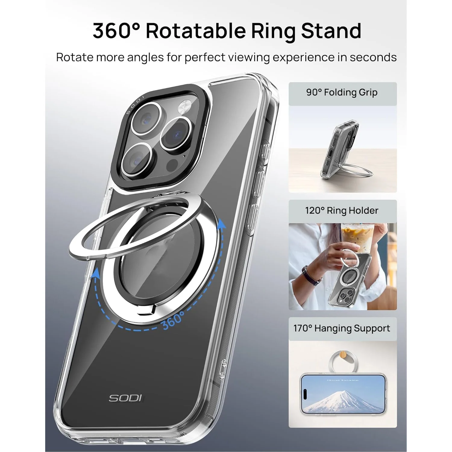 SODI Magnetic Phone Ring Case for iPhone 16 Pro/Pro Max with 1 Screen Protector 1 Camera Lens Protector Clear Non-Yellowing