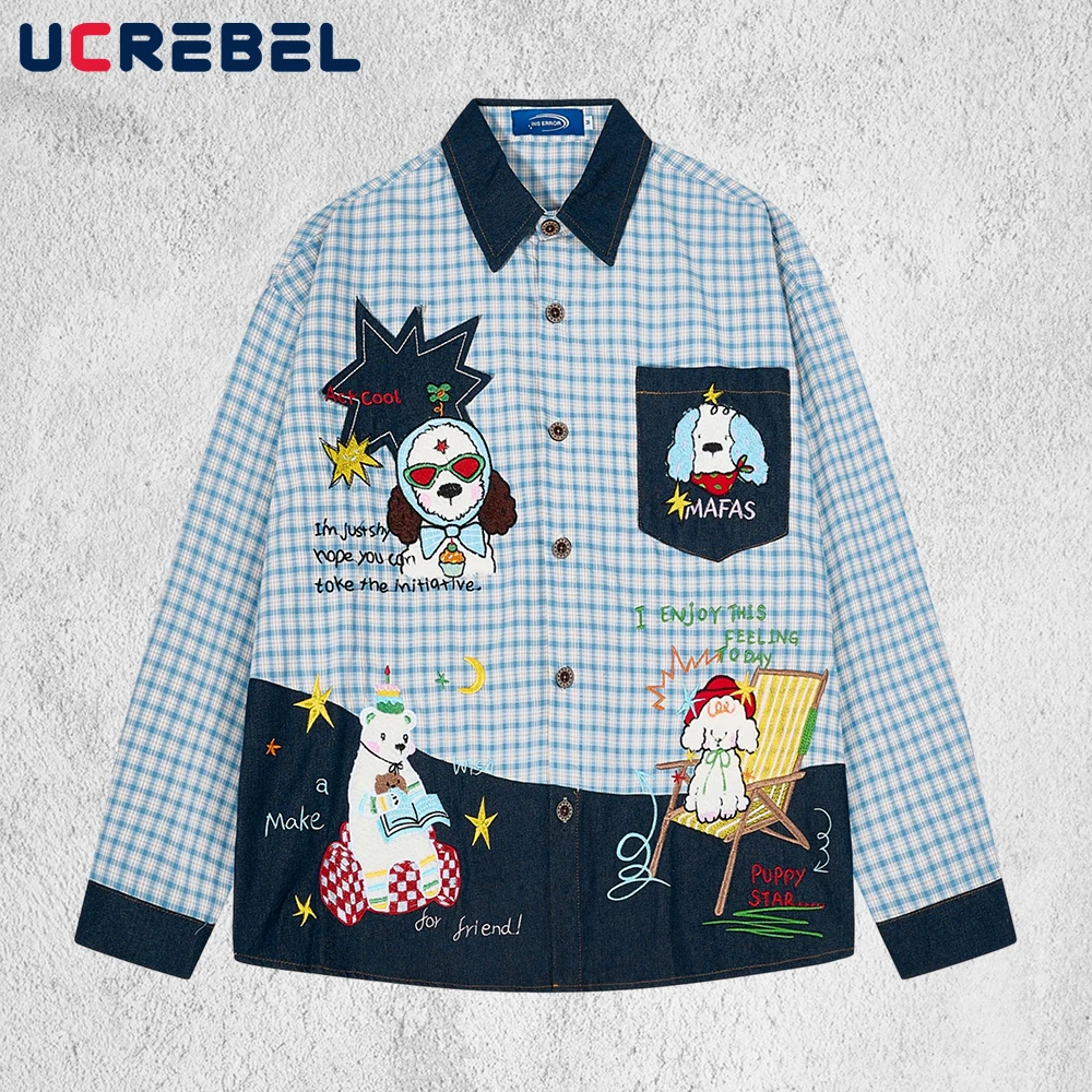 Cartoon Puppy Embroidery Shirts Mens Autumn Plaid Spliced Long Sleeved Single Breasted Shirts Man