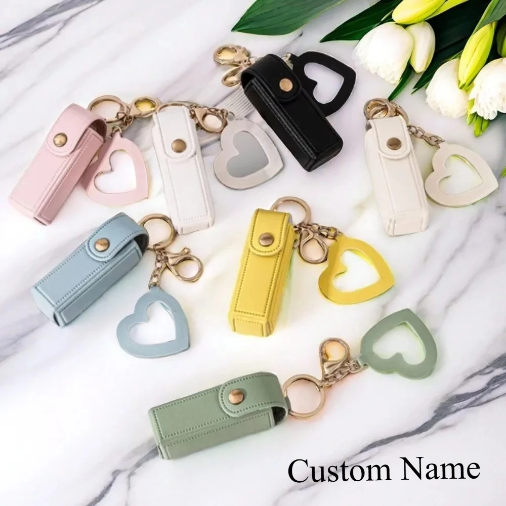 

Portable Mini Small Versatile Keyring New Lipstick Bag Packet Heart Mirror Key Chain Ring Custom Logo Name Leather Keychain Gift