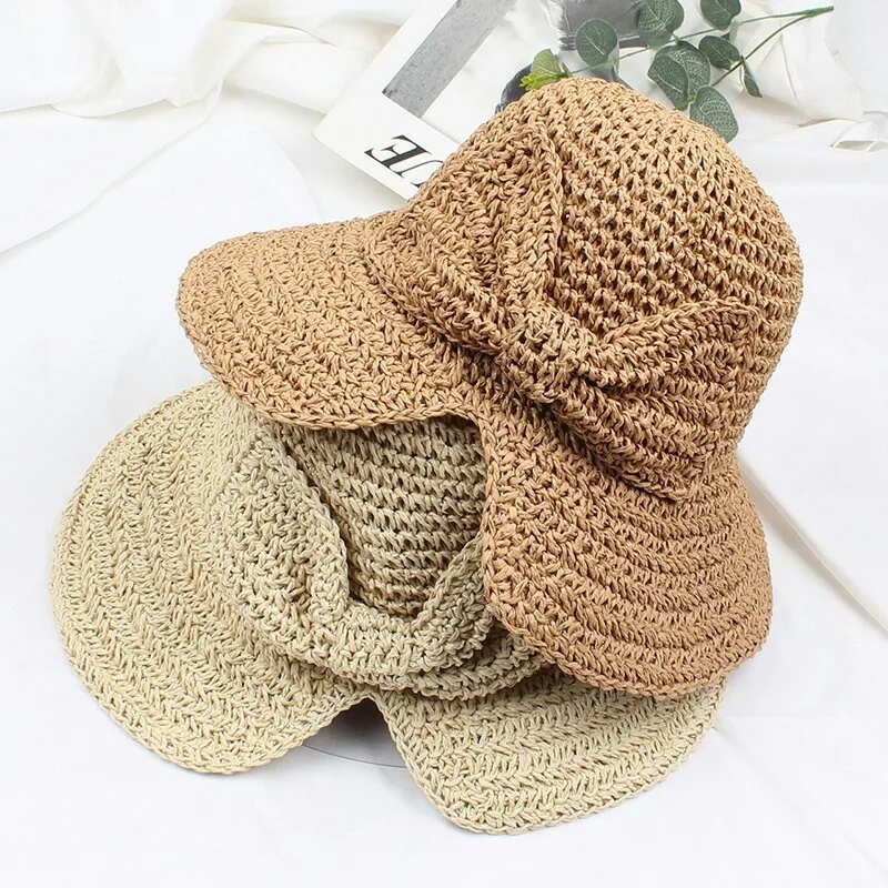 New hand-hooked hat for women solid color foldable vacation