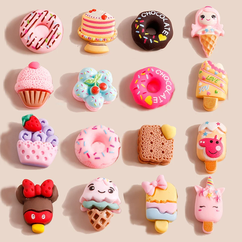 10 Uds mezcla Mini lindo dulce comida postre Donut pastel parte posterior plana adornos de cabujón de resina DIY Scrapbooking para niñas lazos para el cabello