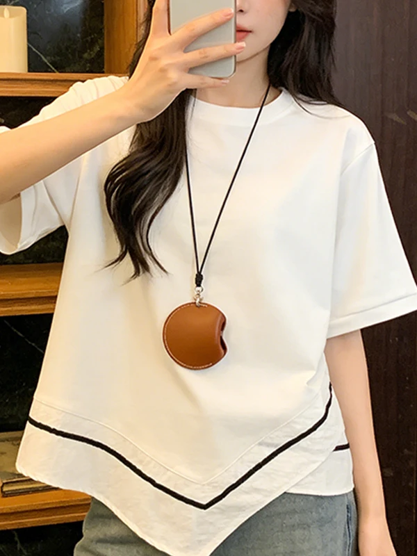 

Loose Short Sleeve T-Shirt plus Size Summer New Korean Design Sense Asymmetrical Casual Belly Covering Color Block Women's Dress