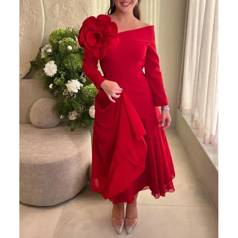 Indie Elegant Saudi Red Long Sleeve Evening Dress Ruffled Floral Formal Occasion Prom Gown Ankle Length customized Party Dresses