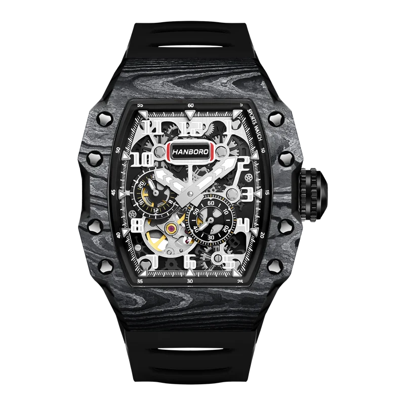 HANBORO Men's Carbon Fiber Tonneau Skeleton Automatic Watch Multi Dial Mechanical Wristwatch Waterproof Racing Sport Watch 937-3