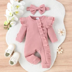 2Pcs Baby Clothes Long Sleeve Ruffle Decor Romper+Headband Autumn Infant Cotton Soft High Quality One-Piece Set Newborn Gift D2L