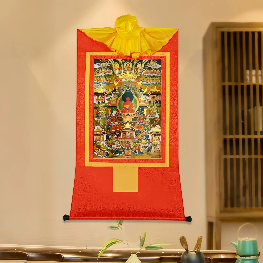 Exquisite Amitabha Pure Land Gilded Thangka Wall Art, Vibrant Silk Brocade Scroll for Peaceful Meditation Study Room