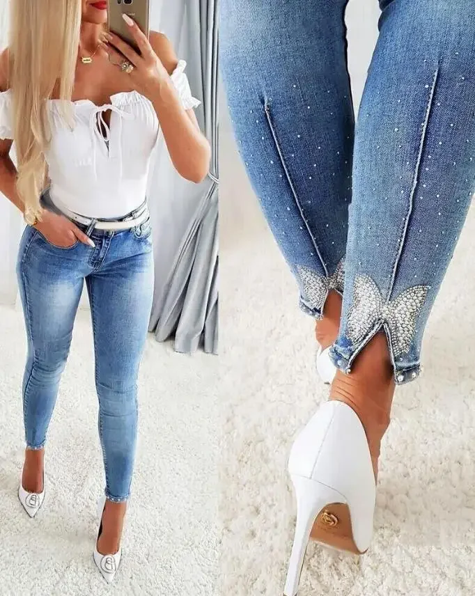 

Women's Jeans Fashion Summer 2023 Rhinestone Beads Butterfly Pattern Split Bottom Jeans Tights Casual Versatile Street Clothing