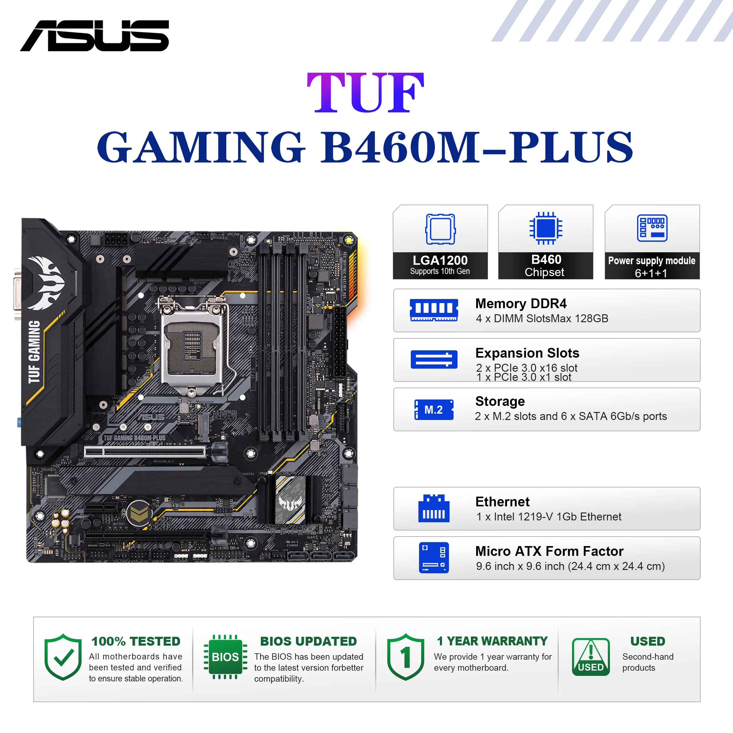 원래 사용된 ASUS TUF GAMING B460M-PLUS 마더보드 소켓 LGA1200 B460 DDR4 마이크로 ATX 메인보드 교체 100% 테스트됨