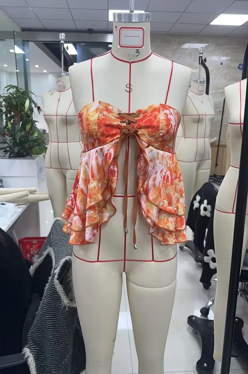 Women Chic Leaf Print Tube Tops Sexy Split Front Cross Tie-up Off Shoulder Sleeveless Crop Ruffle Shirts Summer Clothes