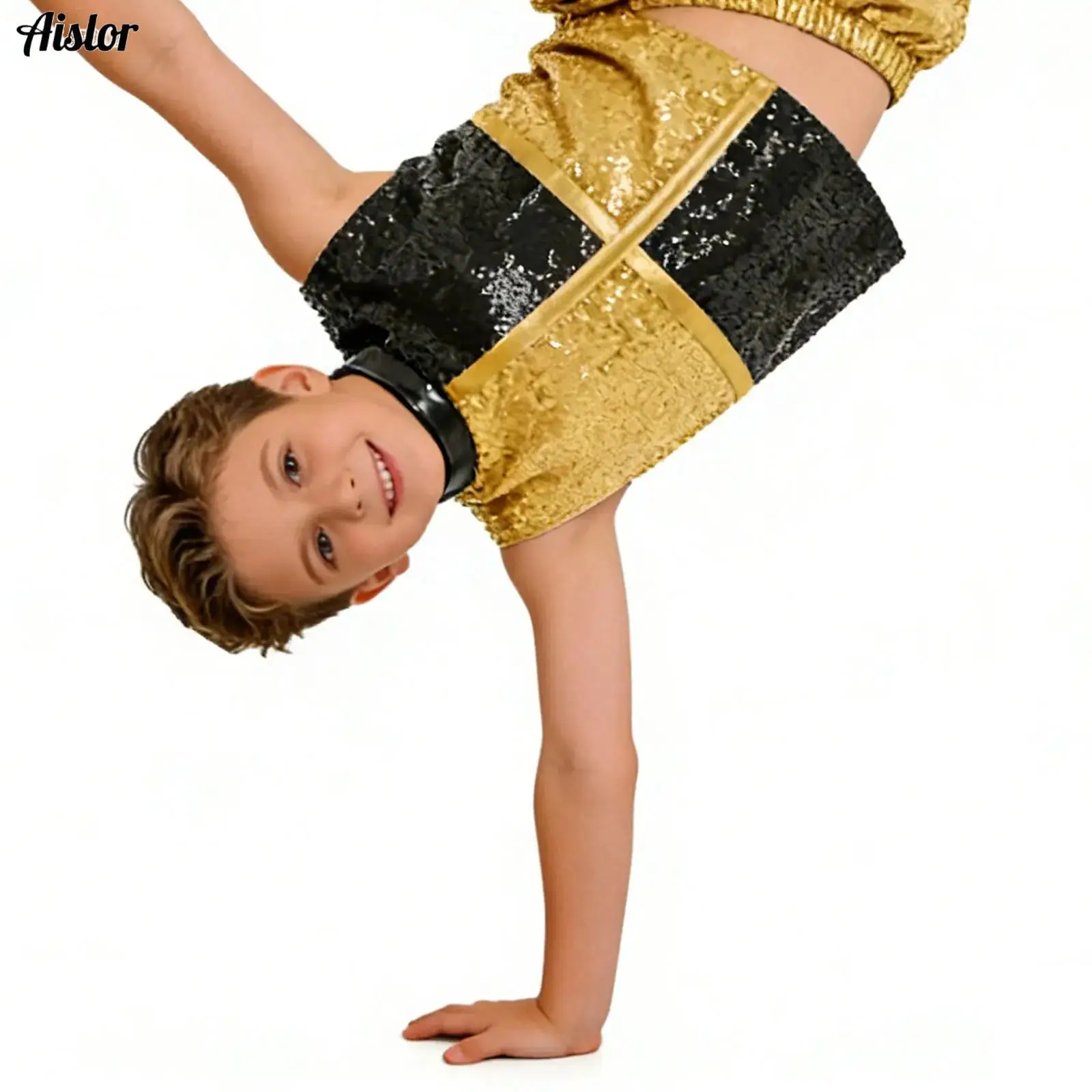 

Fashion Kids Girls Short Sleeve T-shirt Glittery Sequins Top Color Block Children Jazz Dance Costume Hip-Hop Performance Clothes
