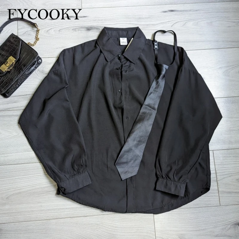 2026 Black Long-sleeved Shirts Men Korean Comfortable Blouses Casual Loose Single Breasted Shirt with Tie