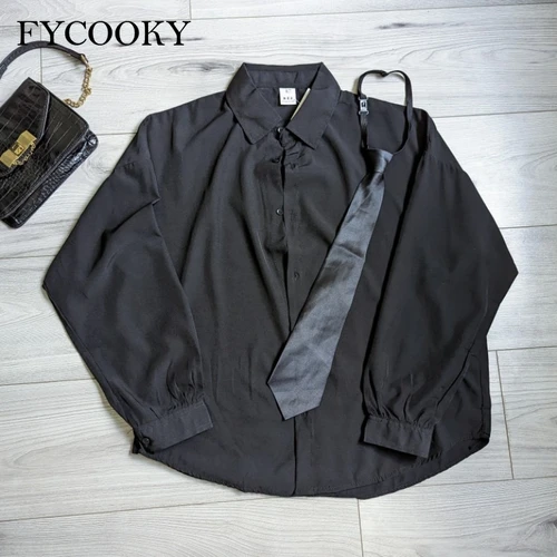 Imagen 2 del producto Moda negro camisas mujer ocio suelto manga larga blusas mujer con corbata nuevo Solo Pecho blanco tops hombre