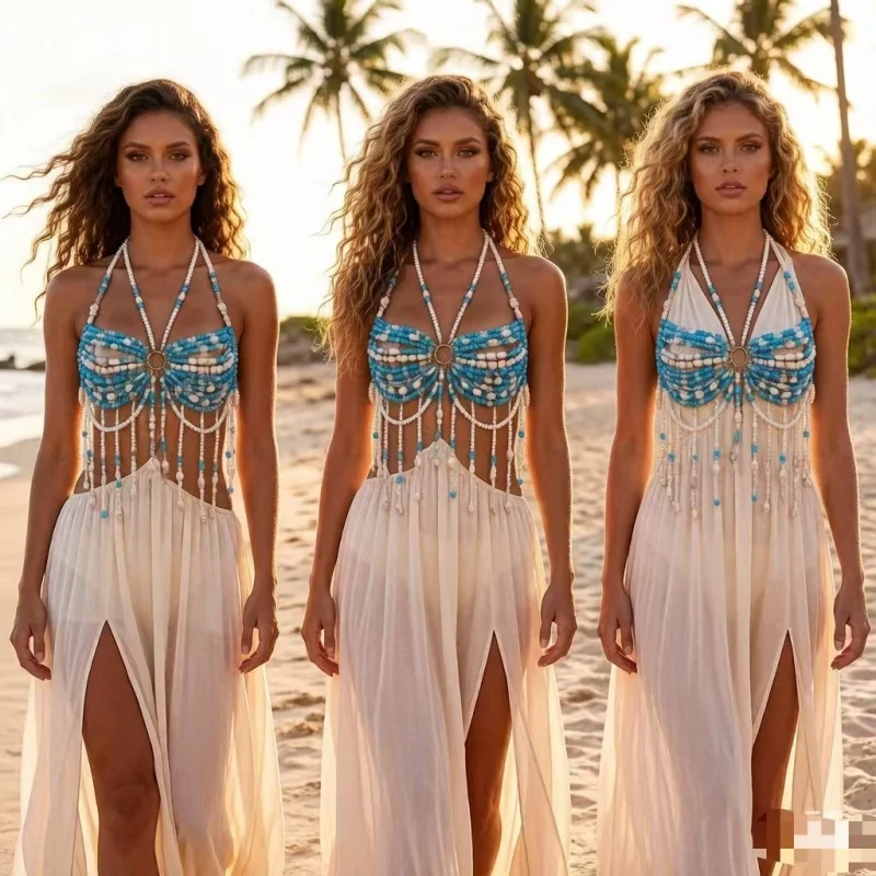 Handgefertigtes Damen-Muschelperlen-Neckholder-Top mit Quastenfransen, Körperkette für Strand, Festival, Boho-Stil, Neckholder-Kristall-Bikini-Oberteil – Detail 1