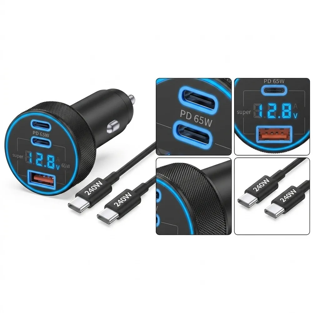 120W for Fast Charging Car Adapter with for dual Ports Supporting for e-mark Cable Recognition and One USB-A Port for Legacy