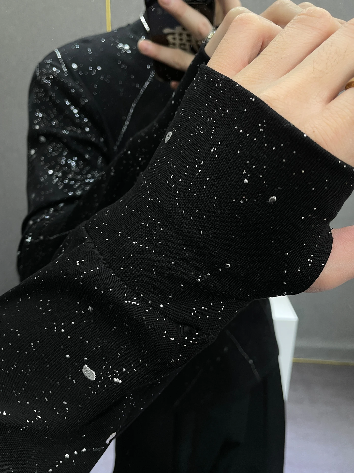 Men's Starry Sky Solid Color Long Sleeve T-Shirts 2025 Autumn Half High Collar Splashing Ink Design Tops Sequin High-End Tees