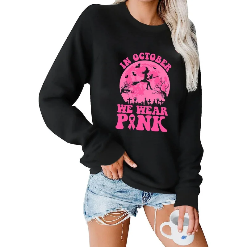 Halloween Breast Cancer Awareness Women's Long Sleeve Pullover Pink Ribbon Pink Round Neck Top Sweatshirt