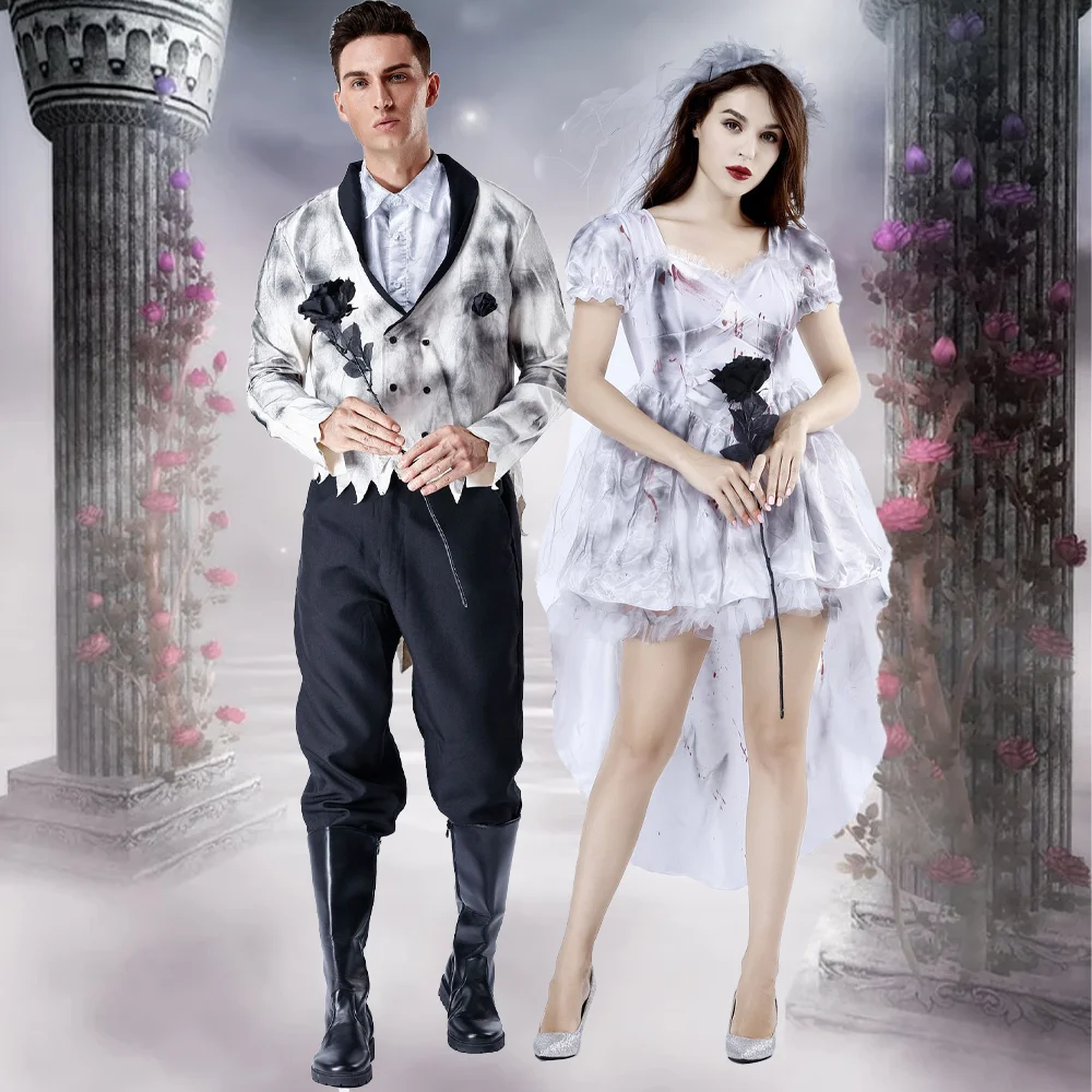 Disfraz de fantasma para hombres y mujeres, traje de Cosplay de novia y novio malvado para adultos, terrorífico, succión de sangre, Zombie, vampiro, gótico, fiesta de Halloween, vestido de lujo