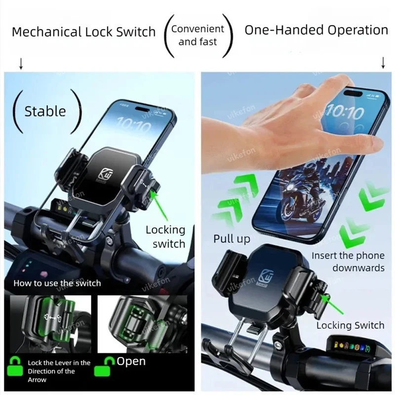

KEWIG Aluminium Alloy Anti-Theft Shockproof Motorcycle Phone Holder 15W Wireless Charger & 36W USB C Fast Charging Bicycle Stand