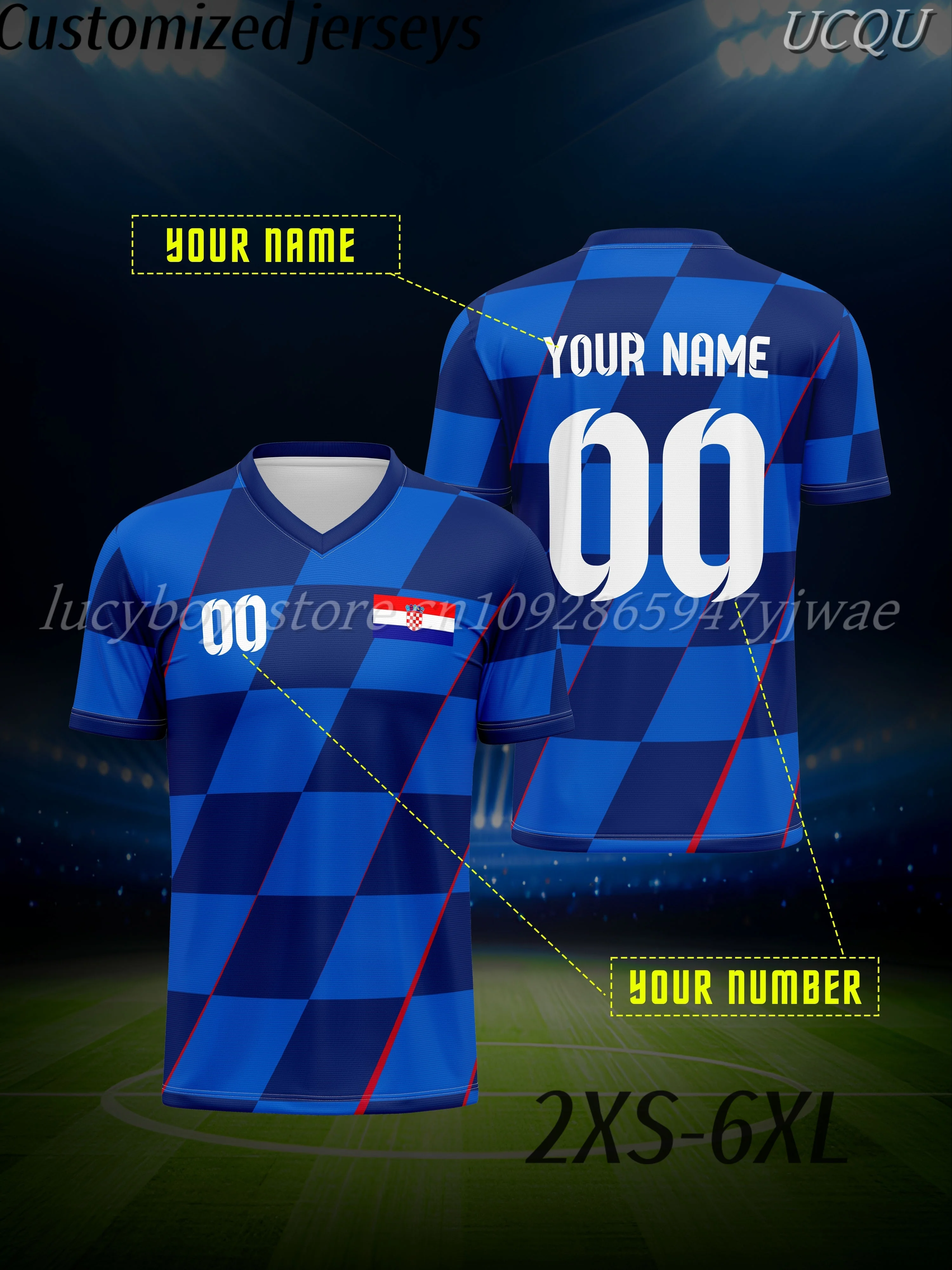 

1 Pc blue plaid Men Customizable V-Neck Football Jersey - Personalized Name & Number Polyester Tshirt Outdoor Activities tee