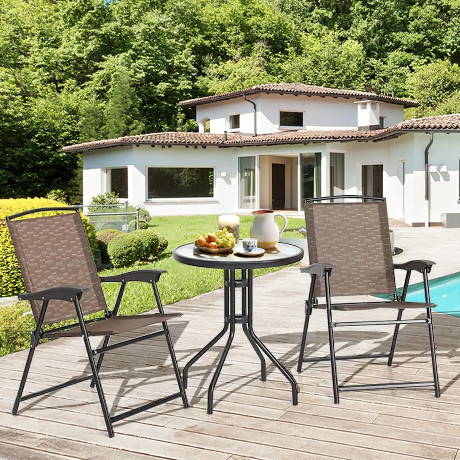 3 Pieces Patio Bistro Set, Outdoor Folding Chairs & Table Set with Tempered Glass Tabletop, Round Table & 2 Foldable Chairs, Sma