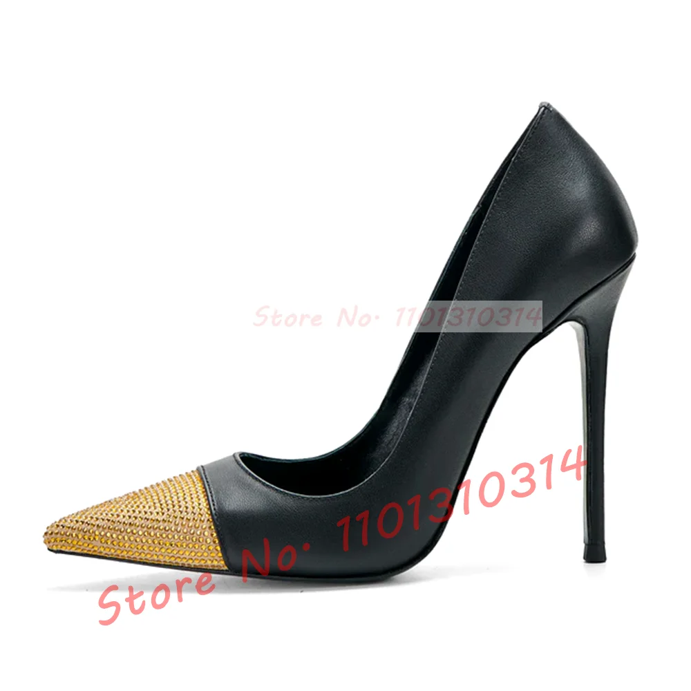 Crystal Pointy Toe Pumps Women Luxury Patchwork Gold Metallic Leather Sexy High Heels Shoes Office Ladies Outfit Stiletto Pumps