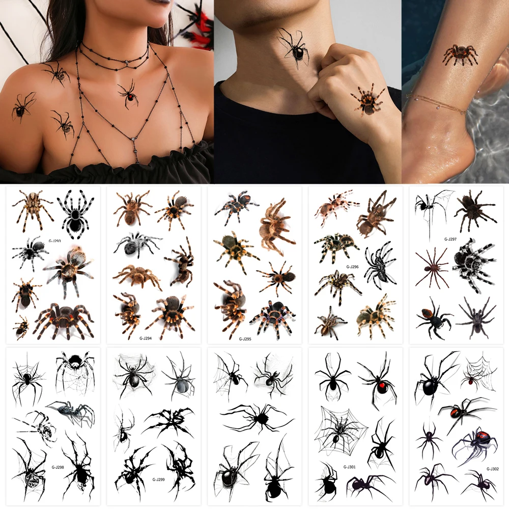 10 Sheets Spider Men's Temporary Tattoos Waterproof Halloween Fake Tattoo Spider Tattoo Stickers for Face Neck Body Makeup