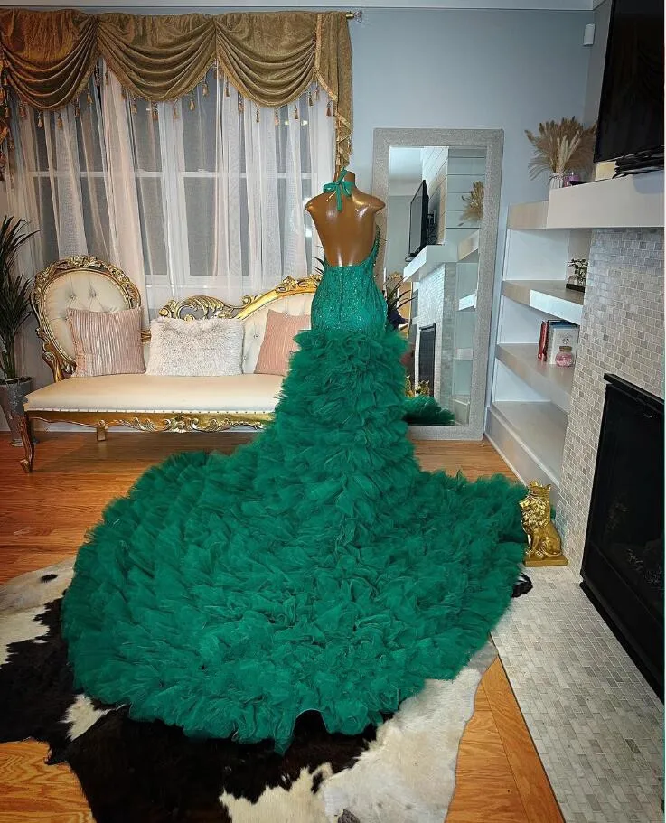 Green Hunter Mermaid Prom Vestido com Ruffles Trem, preto Sheer Mesh, vestido de festa de aniversário Africano Guest, diamante cristal da menina