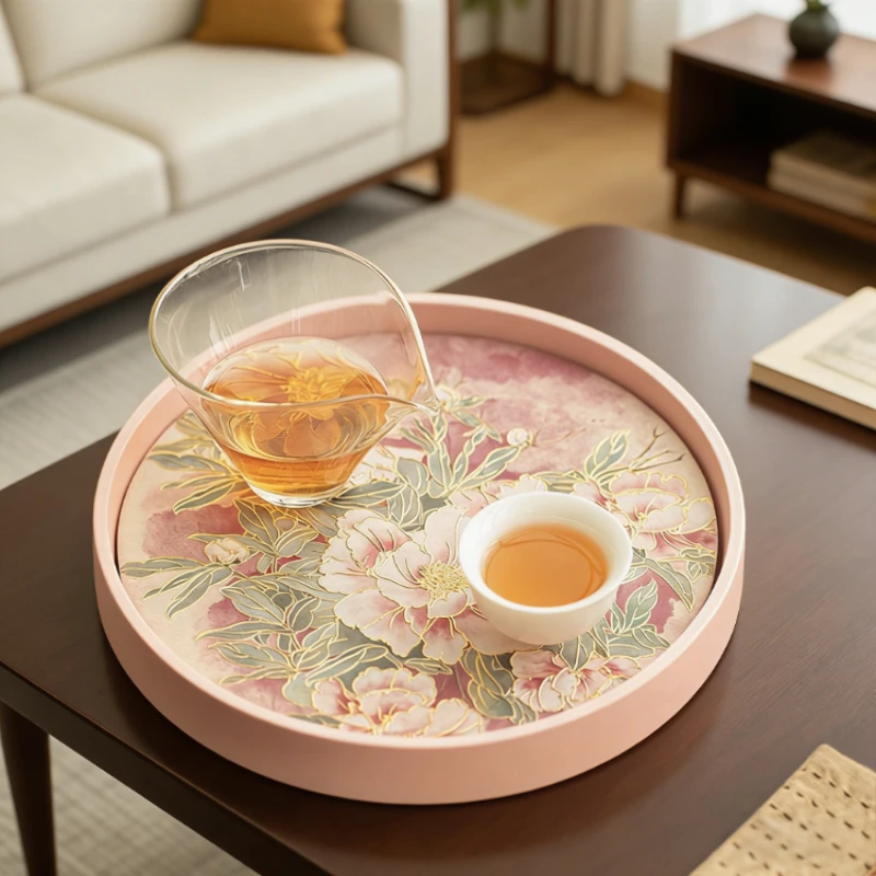 New Chinese Style Embossed Gold Tea Tray Dry Brewing Plate Ceramic Instant Water Absorption Pot Holder Round Exquisite Daily Use
