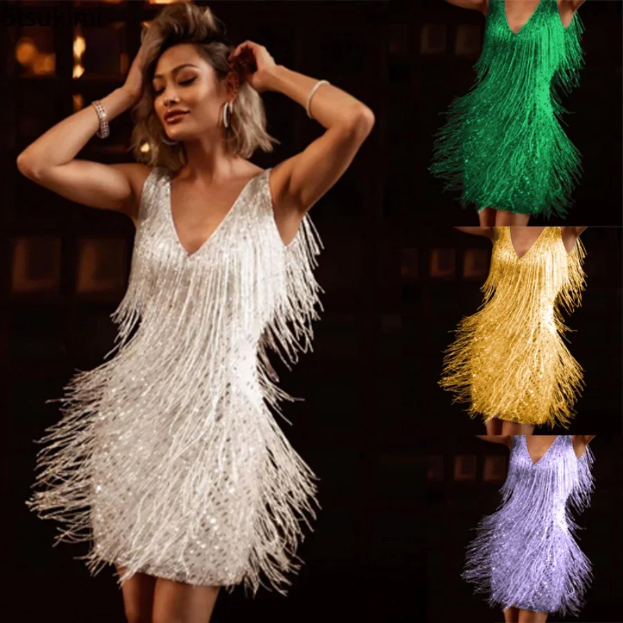 

New Women Sexy Tassel Dress V Neck Backless Club Night Dresses Prom Ballroom Samba Fringe Dance Flapper Pencil Mini Dress S-5XL