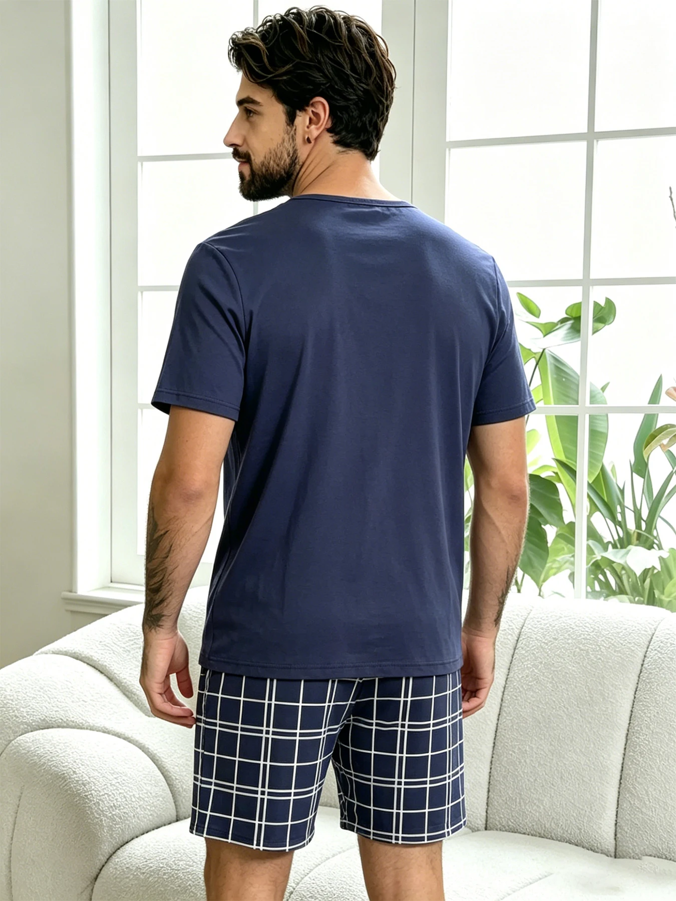 Pyjama-Set mit Buchstaben-Bär-Aufdruck, kurzärmliges Oberteil und lockere Shorts, atmungsaktiver Stoff, große Passform, Herren-Loungewear, Nachtwäsche, Pjs – Detail 12
