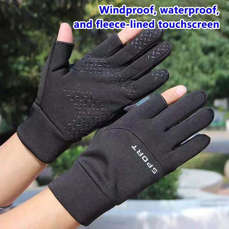 New Winter Fishing Gloves Men Women Touch Screen Two Finger Cut Warm Anti Slip Water Resistant For Cycling Outdoor Sports
