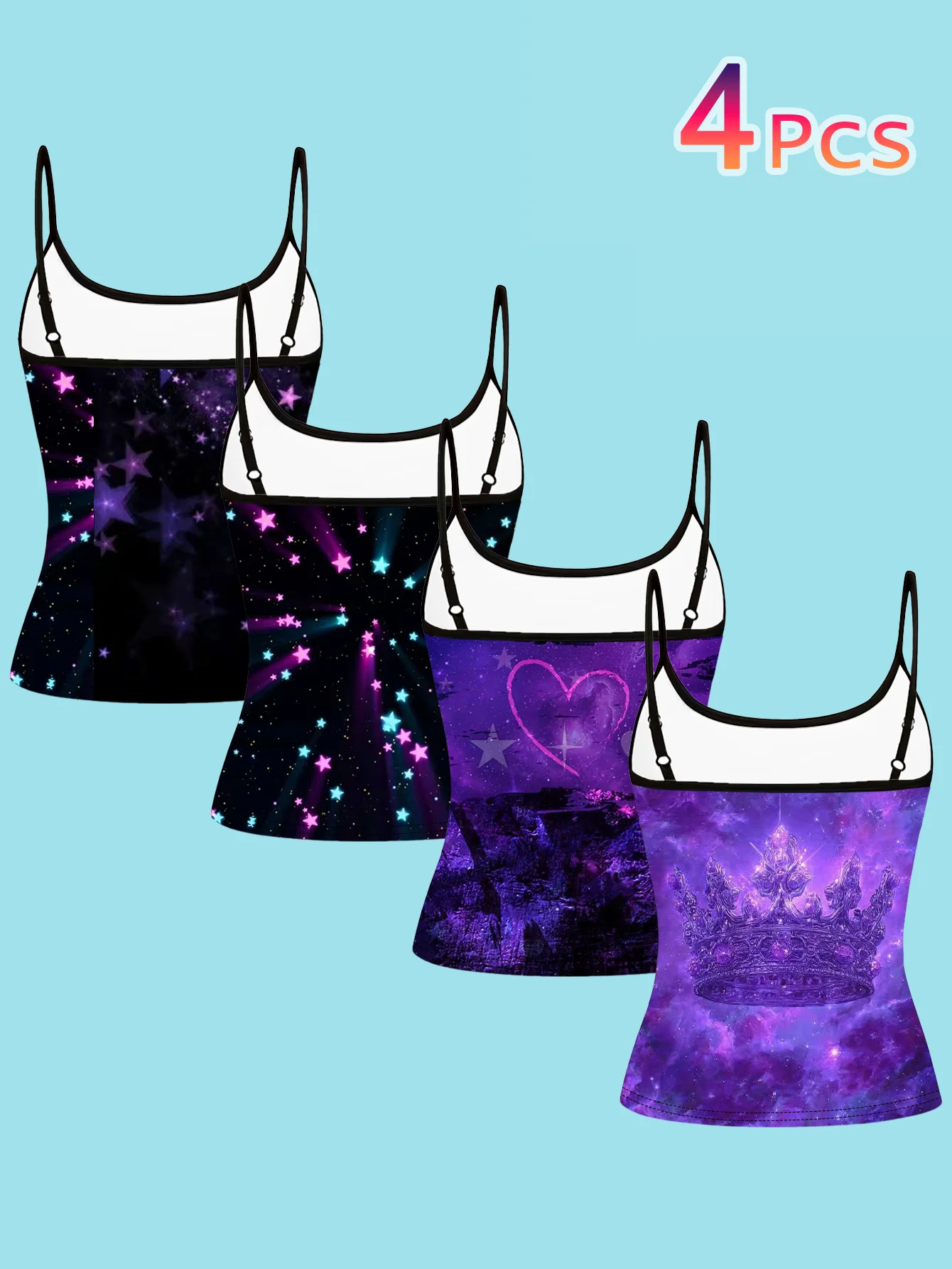4-Piece Set of Women's Spaghetti Strap Camisoles with Purple-Toned Starry Sky, Stars, Shooting Stars, Heart, and Crown Prints, Slim-Fit Sleeveless Tops