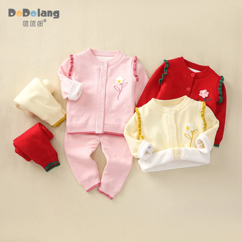 Spring, Autumn, and Winter Styles for Girls: Fleece-Lined Sweaters, Thick Knit Sets for Infants and Toddlers, Wholesale Warm Car