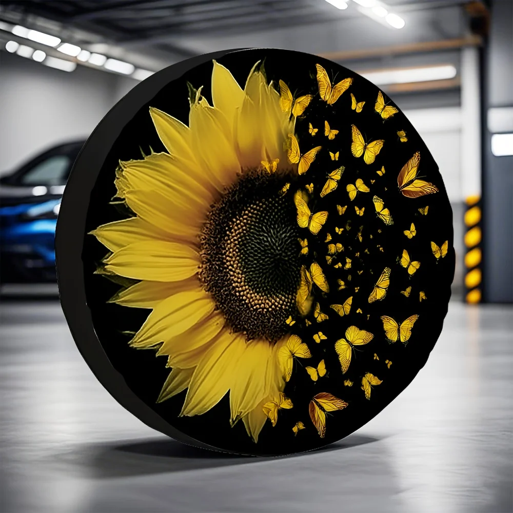 1pc 2D Flat Printing Tire Cover Sunflower Butterfly_a Polyester Fabric Without Electricity New Year Gifts For All Vehicle Tire C