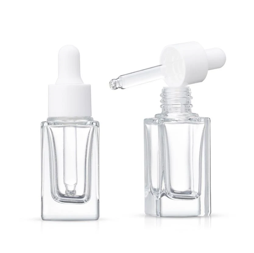 Clear Square Glass Dropper Bottle Essential Oil Perfume Bottle 15ml with White/Black/Gold/Silver Cap ni81