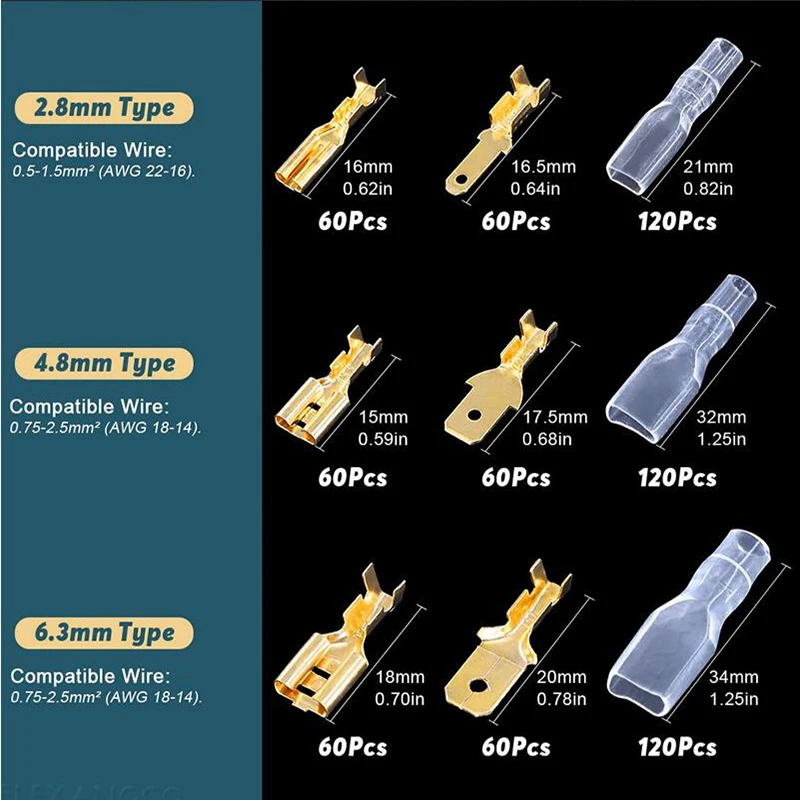 100PCS Quick Splice 2.8mm 4.8mm 6.3mm Male and Female Wire Spade Connector Wire Crimp Terminal Block And Insulating Sleeve