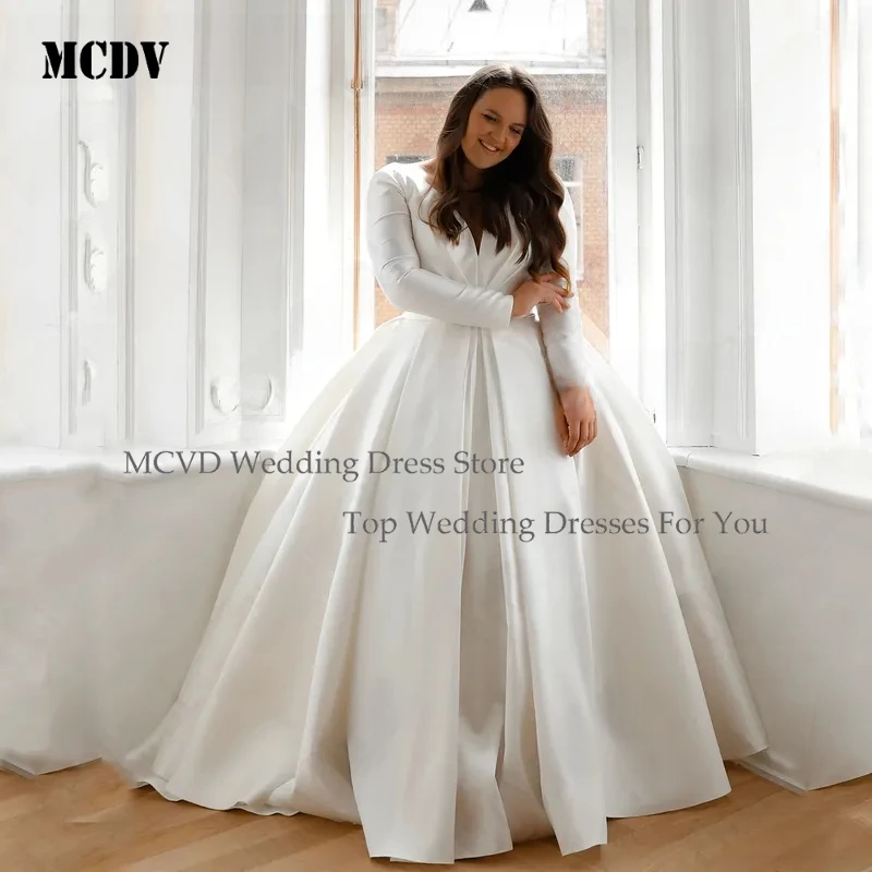 

MCDV Customized Oversize Satin Wedding Dress Long Sleeve A Line V Neck Boho Simple Bridal Gowns Classic Robe De Mariée